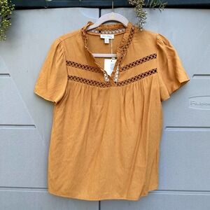See U Soon Olivaceous Women’s Short Sleeves Eyelet Blouse in Mustard Sz Small
